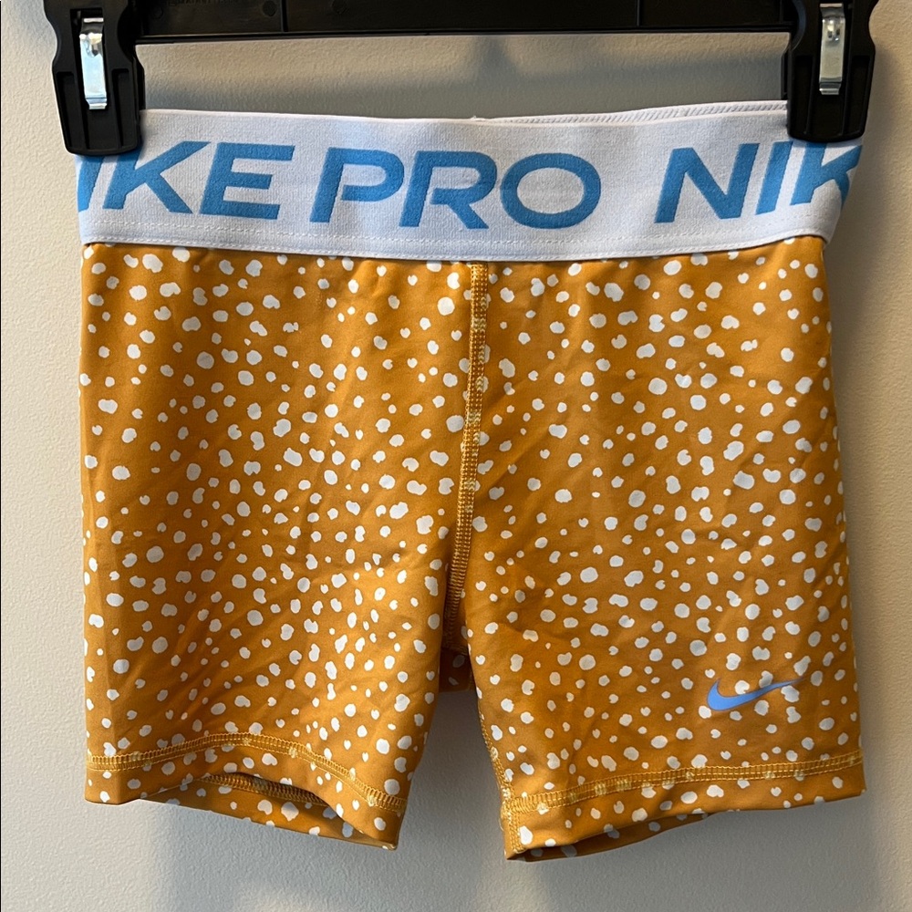 Nike Pro Yellow Polka Dot Performance Shorts with Light Blue Logo